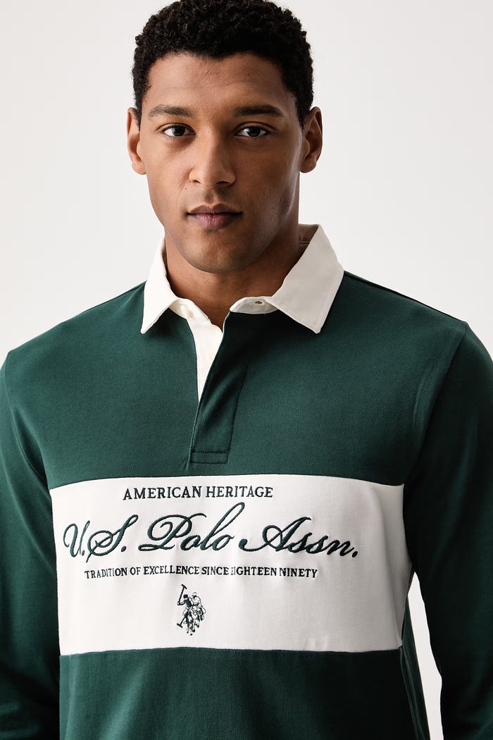 U.S. Polo Assn. pulover moški bombažen PREMIUM EMBROIDERY GRAPHIC RUGBY zelena MUP4075
