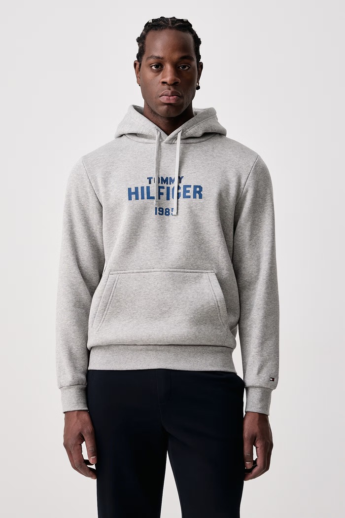 Tommy Hilfiger Pulover s kapuco moški z bombažem siva MW0MW44937