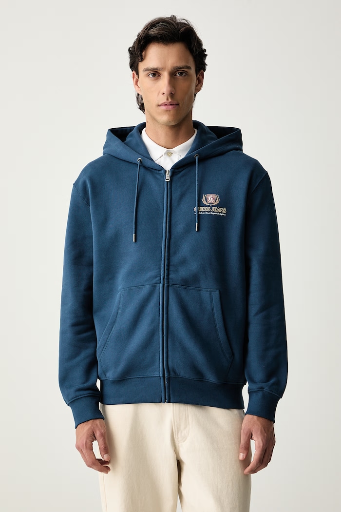 Guess Jeans rozepínací mikina s kapucí pánská bavlněná modrá M6YQ23.K4213