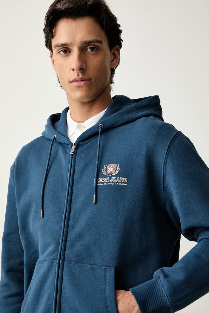 Guess Jeans rozepínací mikina s kapucí pánská bavlněná modrá M6YQ23.K4213