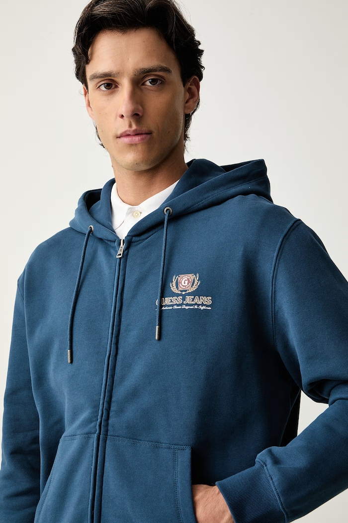 Guess Jeans rozepínací mikina s kapucí pánská bavlněná modrá M6YQ23.K4213
