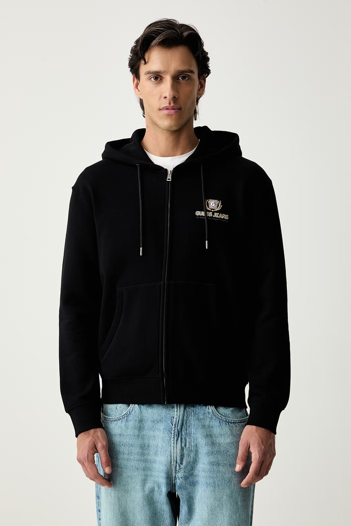 Guess Jeans mikina na zips s kapucňou pánska bavlnená čierna M6YQ23.K4213