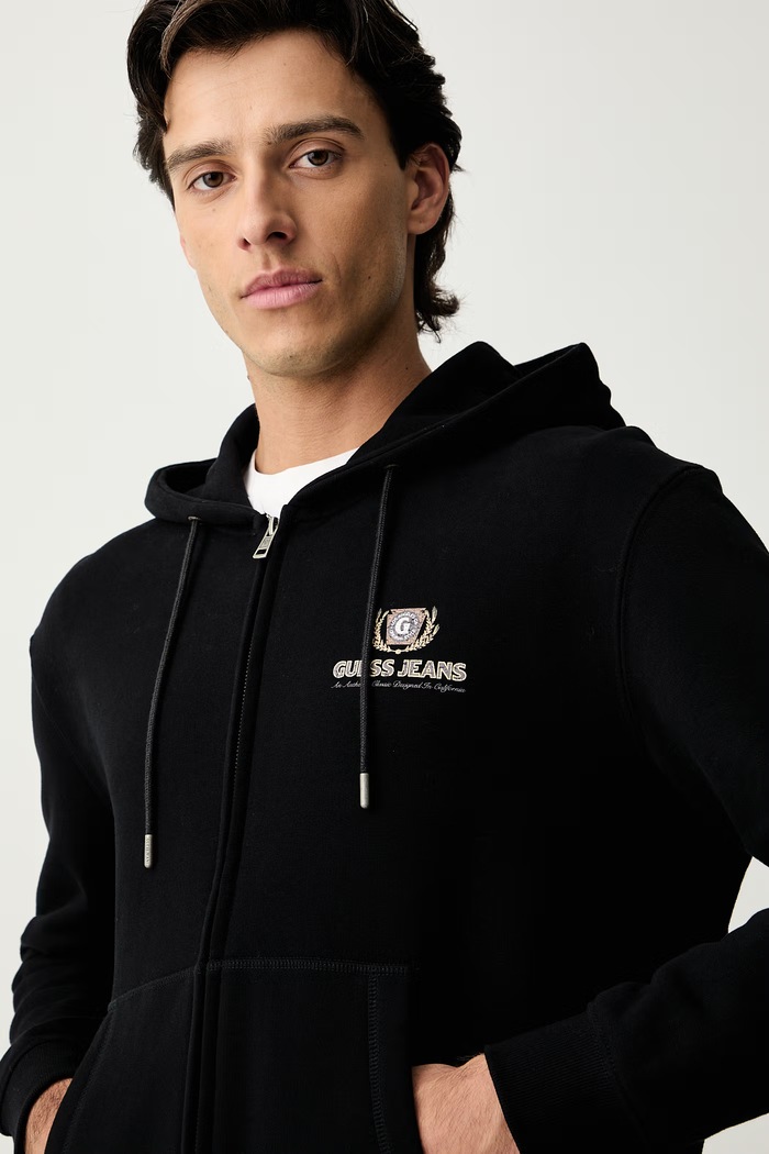 Guess Jeans mikina na zips s kapucňou pánska bavlnená čierna M6YQ23.K4213