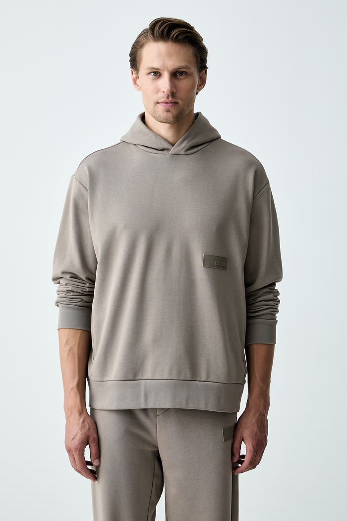 BOSS Green кофта с капюшоном мужская с хлопком SW_Hoodie бежевый 50564113