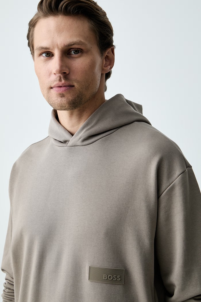 BOSS Green кофта с капюшоном мужская с хлопком SW_Hoodie бежевый 50564113