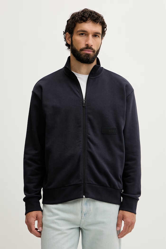 BOSS Green mikina na zips pánska s bavlnou SW_Collar Full Zip tmavomodrá 50564104