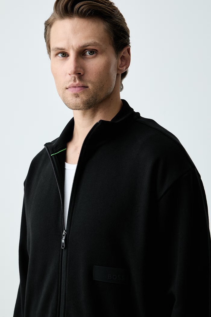 BOSS Green кофта на замке мужская с хлопком SW_Collar Full Zip чёрный 50564104