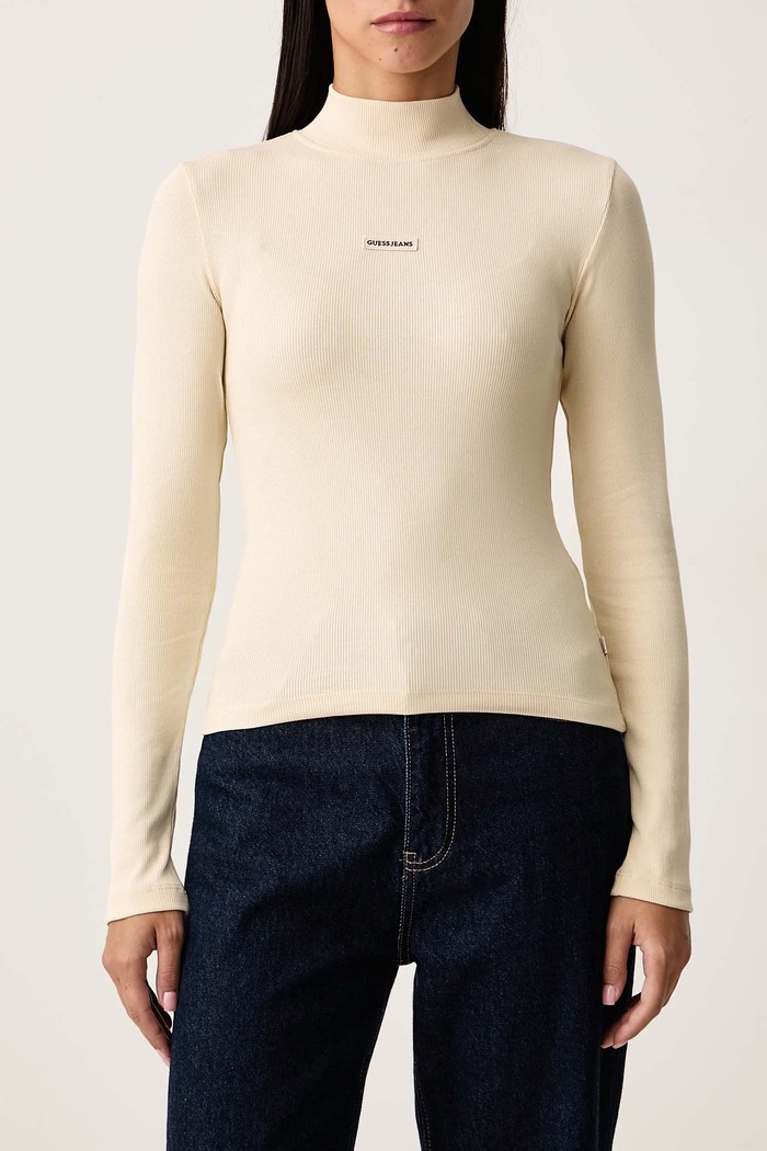 Longsleeve pentru femei din bumbac cu elastan Guess Jeans W6BP06.K5471 bej