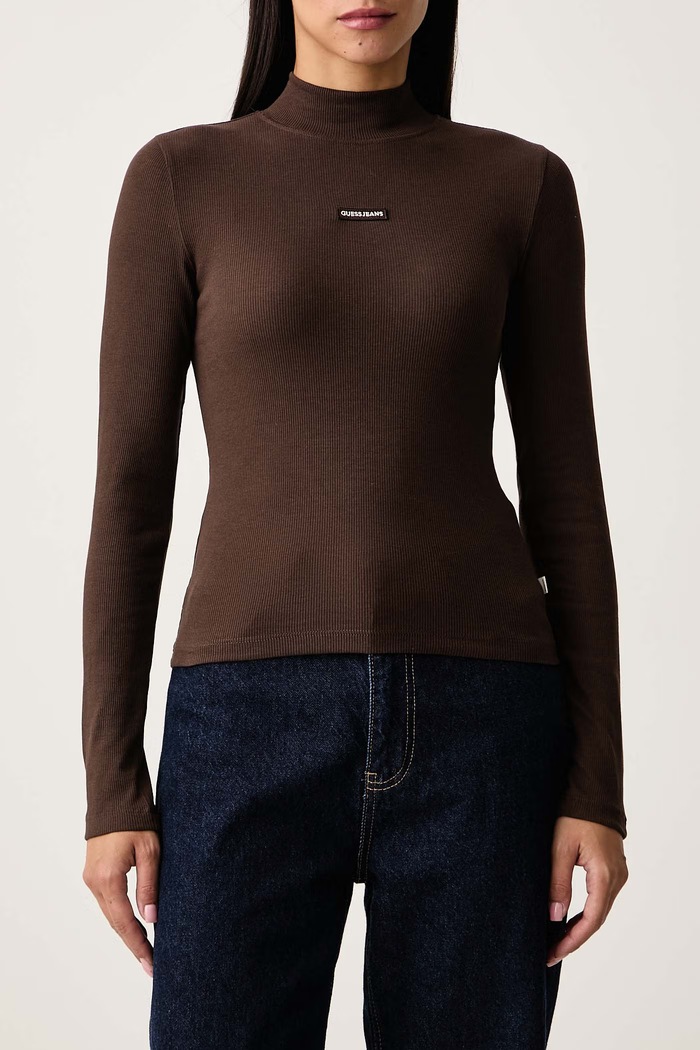 Longsleeve pentru femei din bumbac cu elastan Guess Jeans W6BP06.K5471 maro
