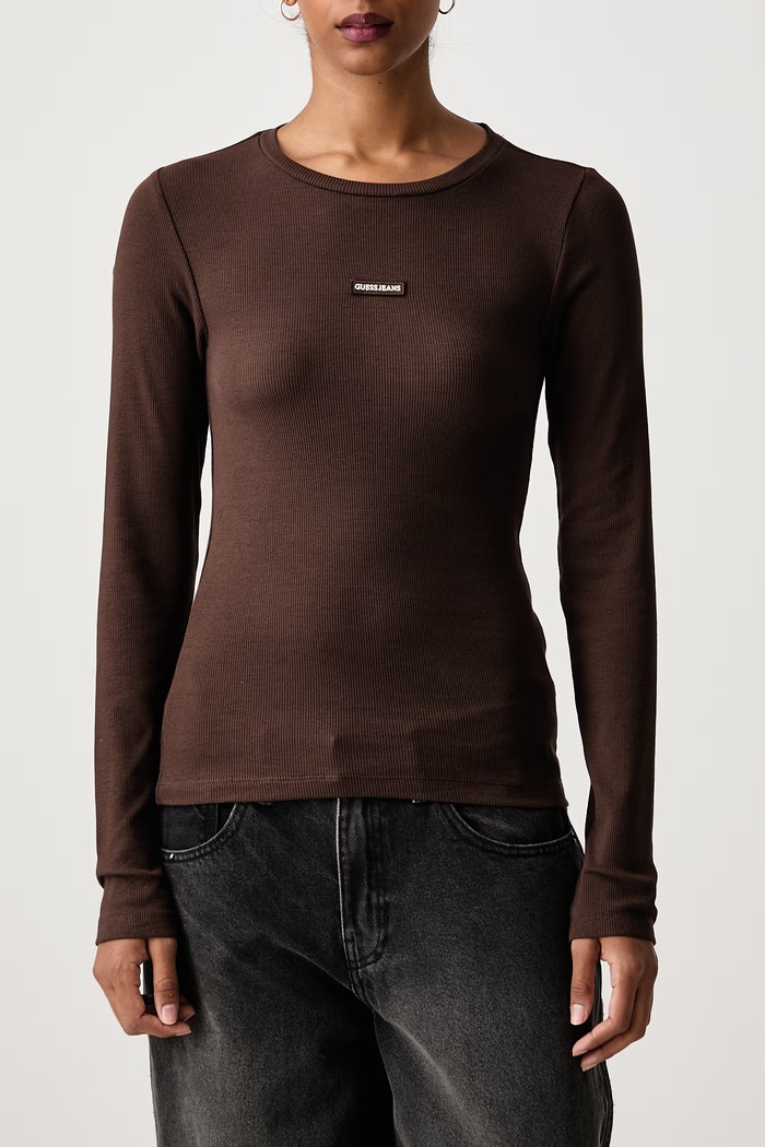 Longsleeve damski z bawełną Guess Jeans W6BP05.K5470 brązowy