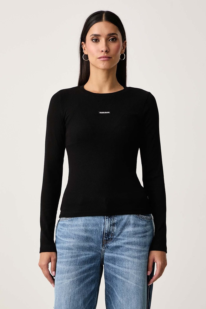 Guess Jeans Longsleeve pentru femei cu bumbac negru W6BP05.K5470