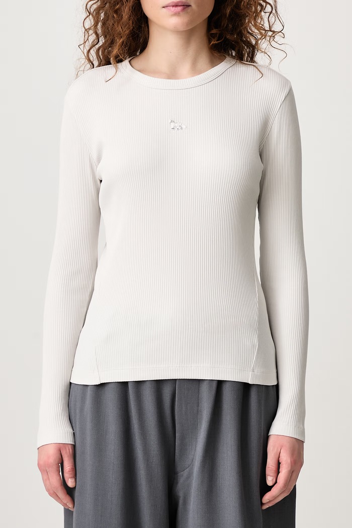 Longsleeve damski bawełniany z elastanem Baby Fox Maison Kitsuné szary MRWJT03KA0052