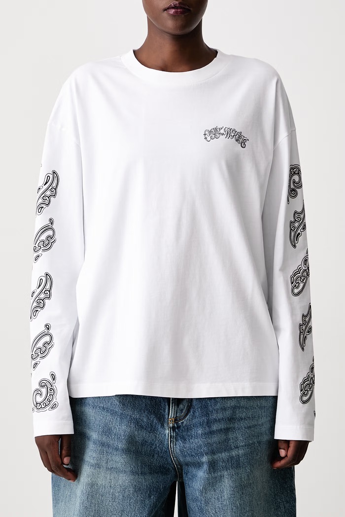 Majica dugih rukava za žene od pamuka Paisley Diags Off-White bijela 2FB00426T