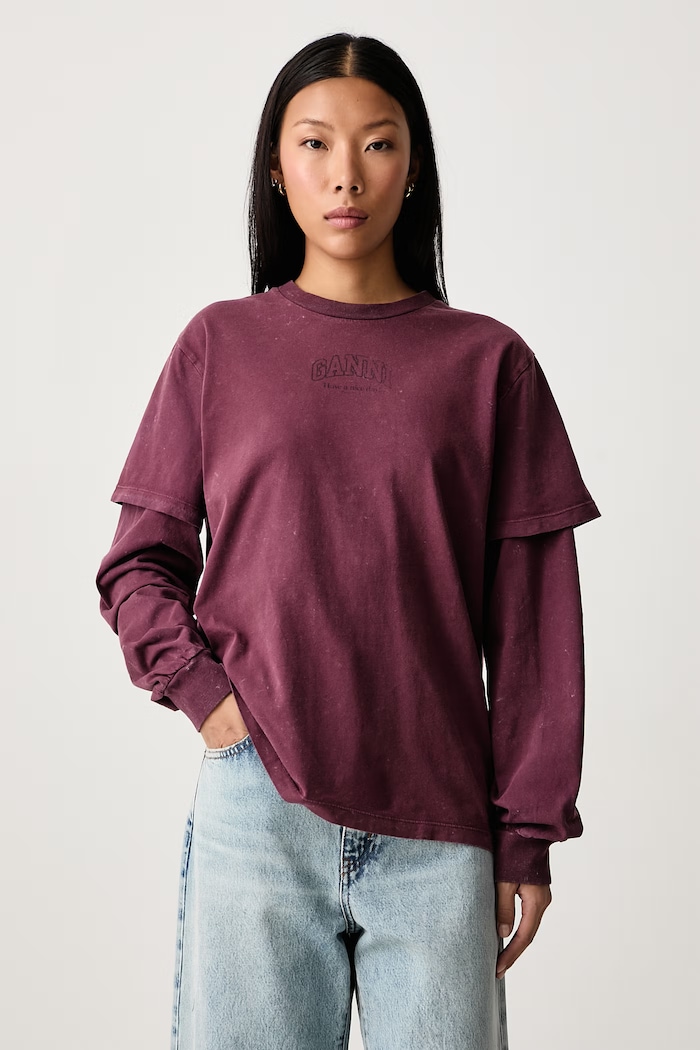 GANNI Longsleeve pentru femei din bumbac Double Sleeve burgundia A1050266