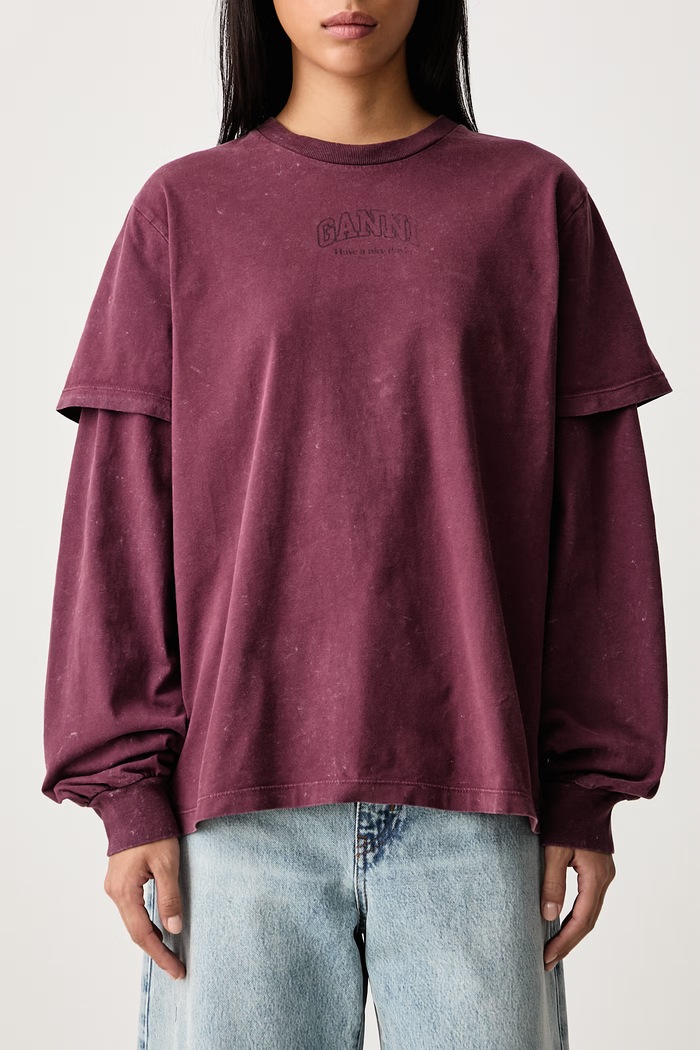 Longsleeve pentru femei din bumbac Double Sleeve GANNI burgundia A1050266