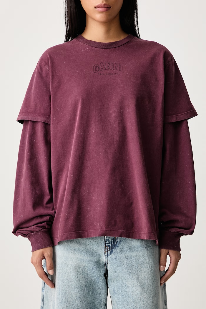 Longsleeve pentru femei din bumbac Double Sleeve GANNI burgundia A1050266