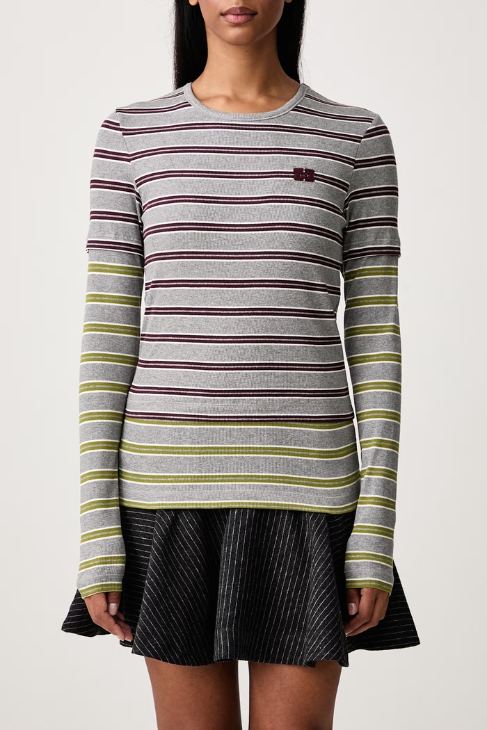 Longsleeve damski bawełniany z elastanem Double Sleeve GANNI bordowy A1040472