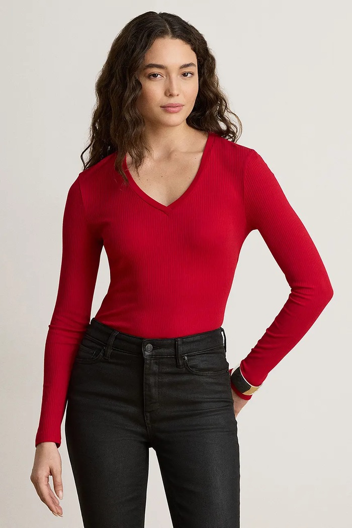 Lauren Ralph Lauren Longsleeve damski z bawełną czerwony 200B27402