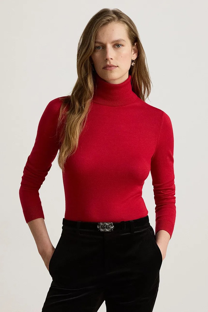 Lauren Ralph Lauren Longsleeve damski z dodatkiem jedwabiu czerwony 200B22254