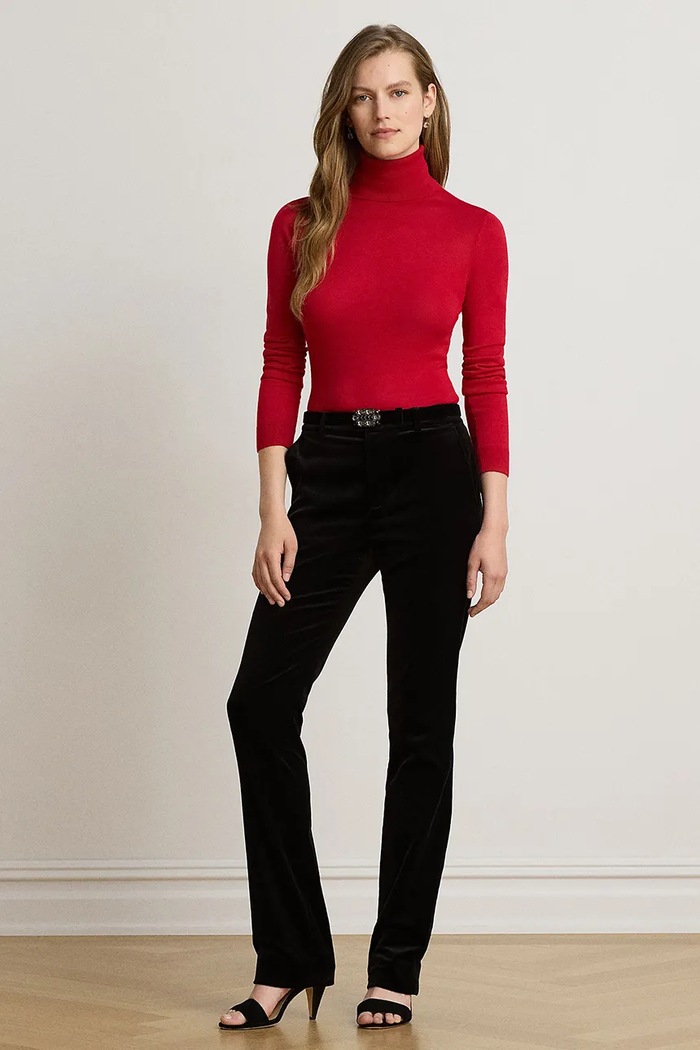 Odzież Lauren Ralph Lauren Longsleeve damski z dodatkiem jedwabiu 200B22254 czerwony