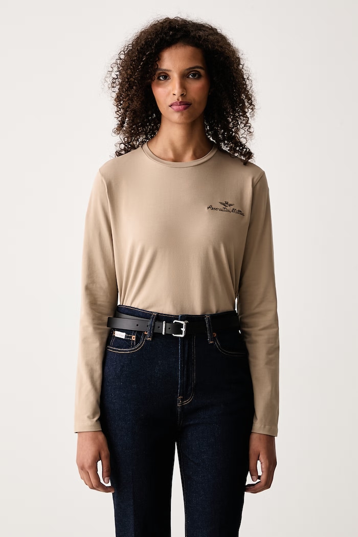 Aeronautica Militare Longsleeve damski z bawełną beżowy TS2549DJ00747