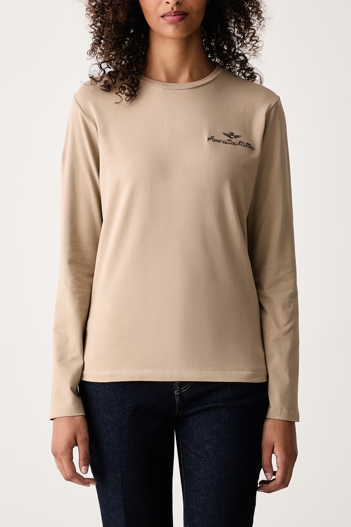 Longsleeve damski z bawełną Aeronautica Militare TS2549DJ00747 beżowy