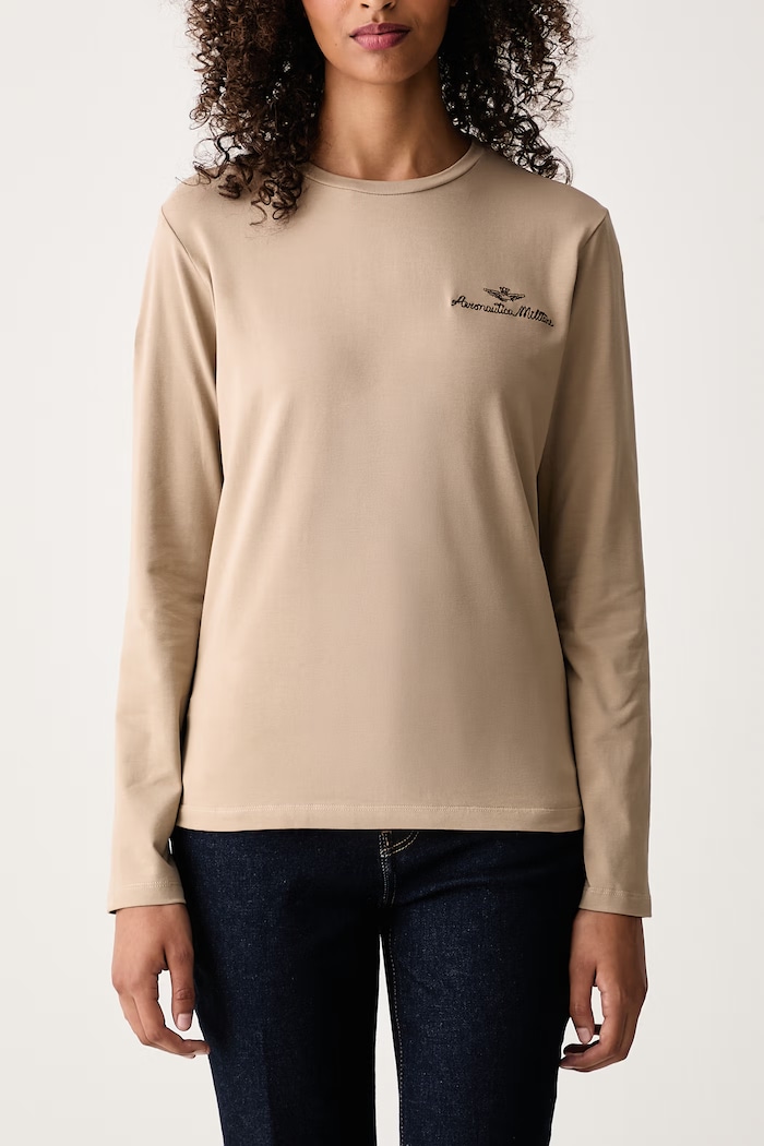 Longsleeve damski z bawełną Aeronautica Militare TS2549DJ00747 beżowy