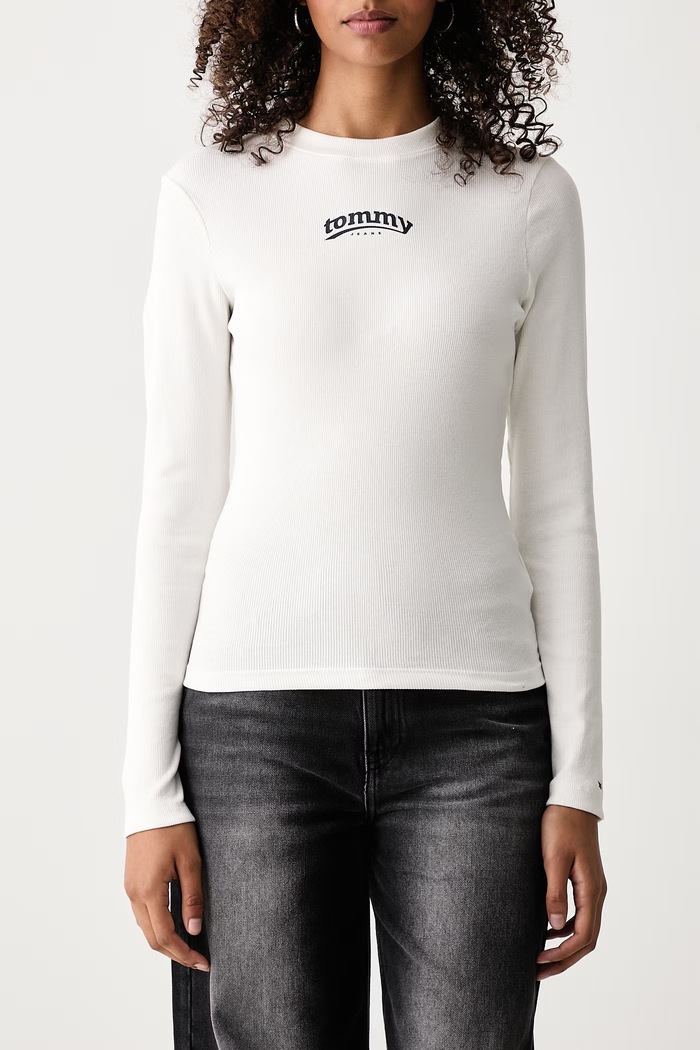 Блуза с дълги ръкави дамска от памук с еластан Tommy Jeans DW0DW23254 бял
