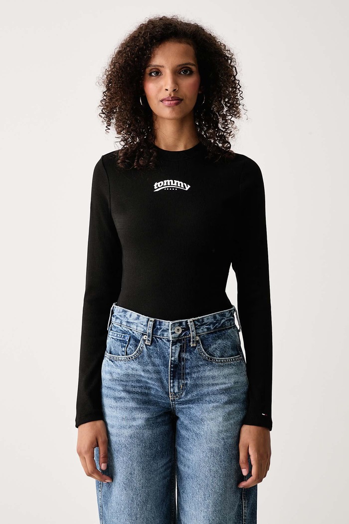 Tommy Jeans Блуза с дълги ръкави дамска от памук с еластан черен DW0DW23254