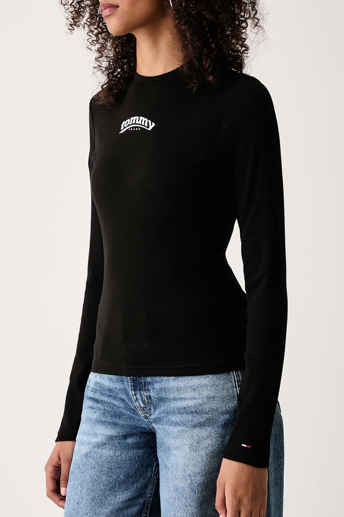 Блуза с дълги ръкави дамска от памук с еластан Tommy Jeans DW0DW23254 черен