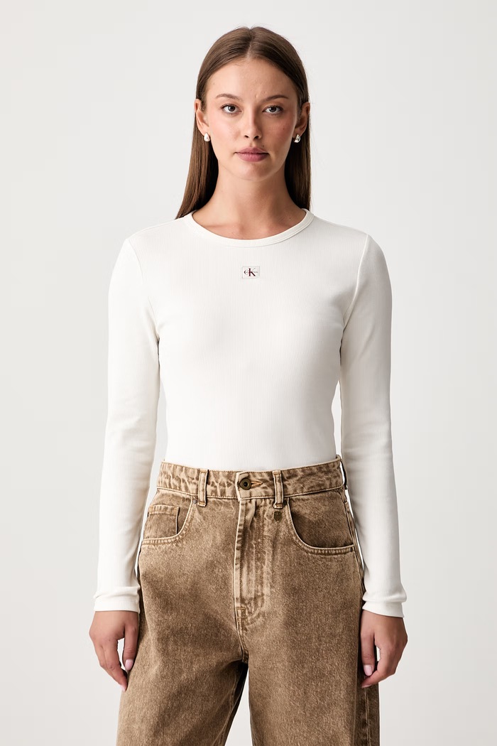Calvin Klein Jeans longsleeve damski bawełniany z elastanem beżowy LV047H259G