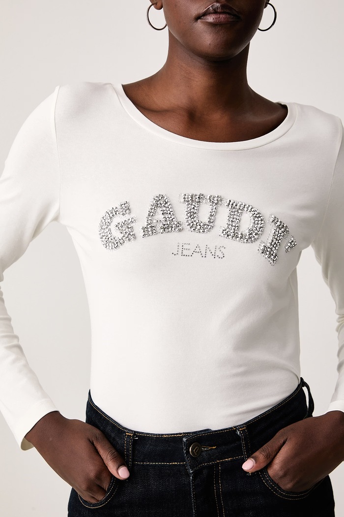 Longsleeve damski bawełniany z elastanem Gaudi beżowy 621BD64022
