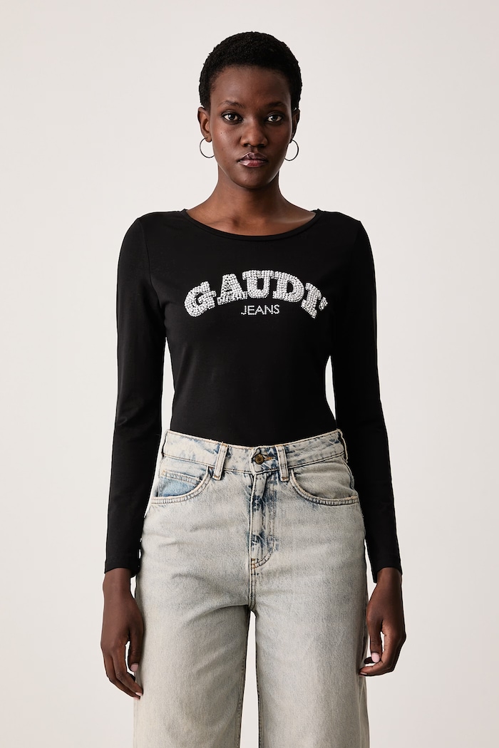 Gaudi Longsleeve damski bawełniany z elastanem czarny 621BD64022