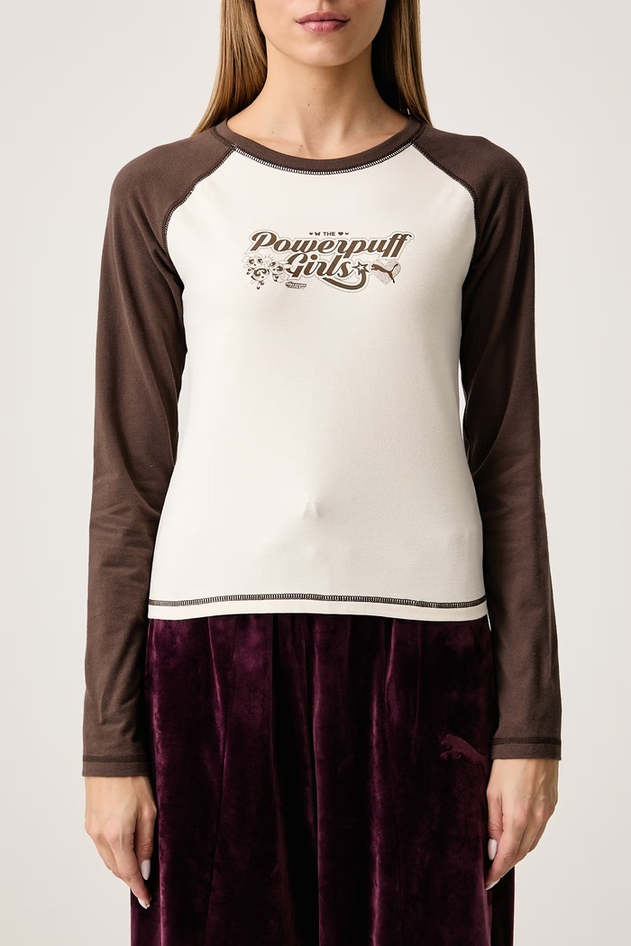 Longsleeve damski bawełniany z elastanem PUMA X POWER PUFF GIRLS Puma 638476 beżowy