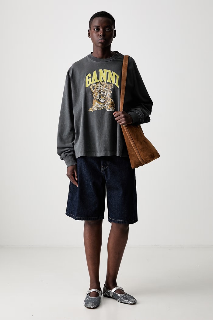 GANNI longsleeve damski bawełniany A1050233 szary AW26