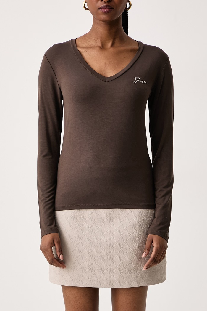 Longsleeve damski z modalem Guess W6BI56.K6890 brązowy