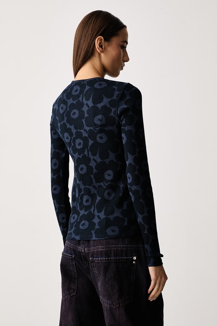 Odzież Marimekko Longsleeve damski bawełniany z elastanem 095932 granatowy