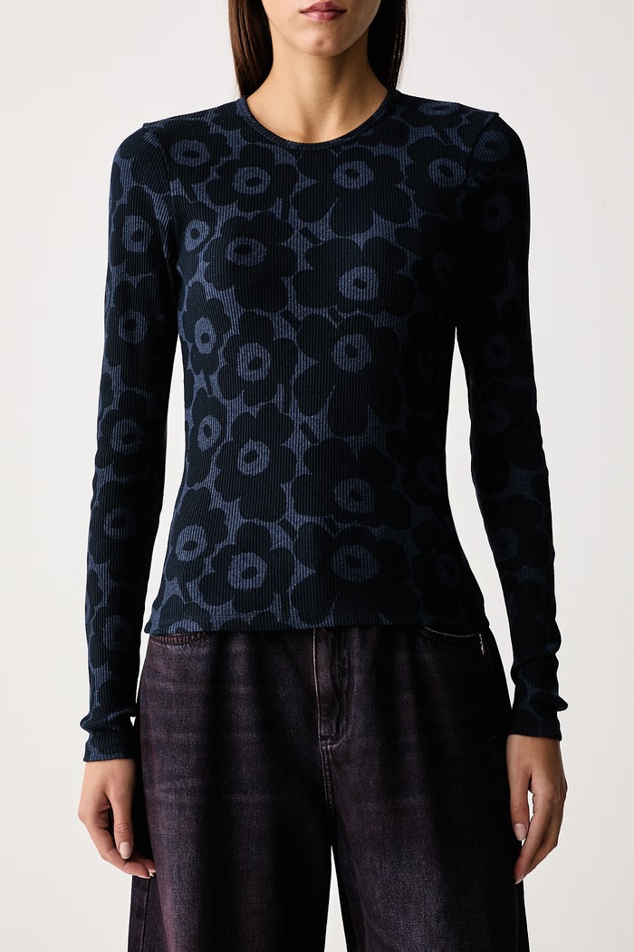 Longsleeve damski bawełniany z elastanem Marimekko 095932 granatowy