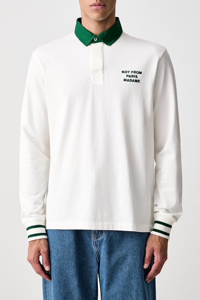 Longsleeve męski bawełniany Slogan Polo Drôle de Monsieur beżowy M.PL190.CO248