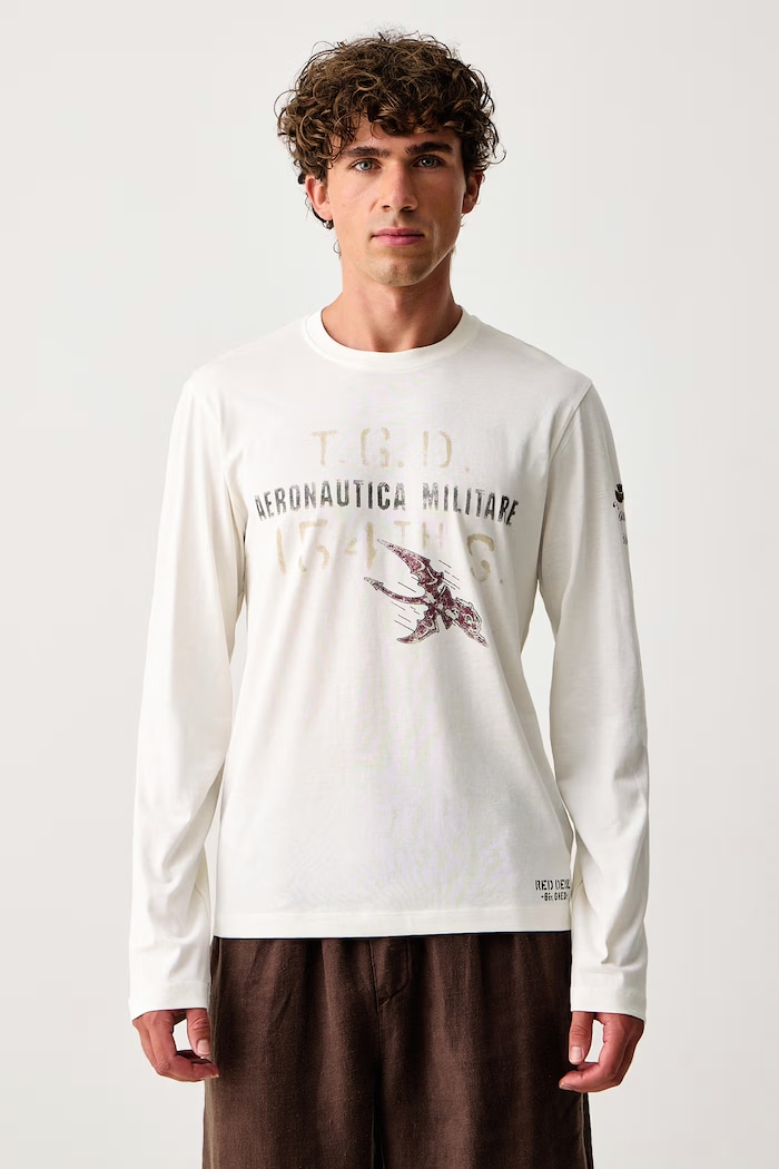 Aeronautica Militare Maglietta a maniche lunghe da uomo in cotone beige TS2569UJ00641