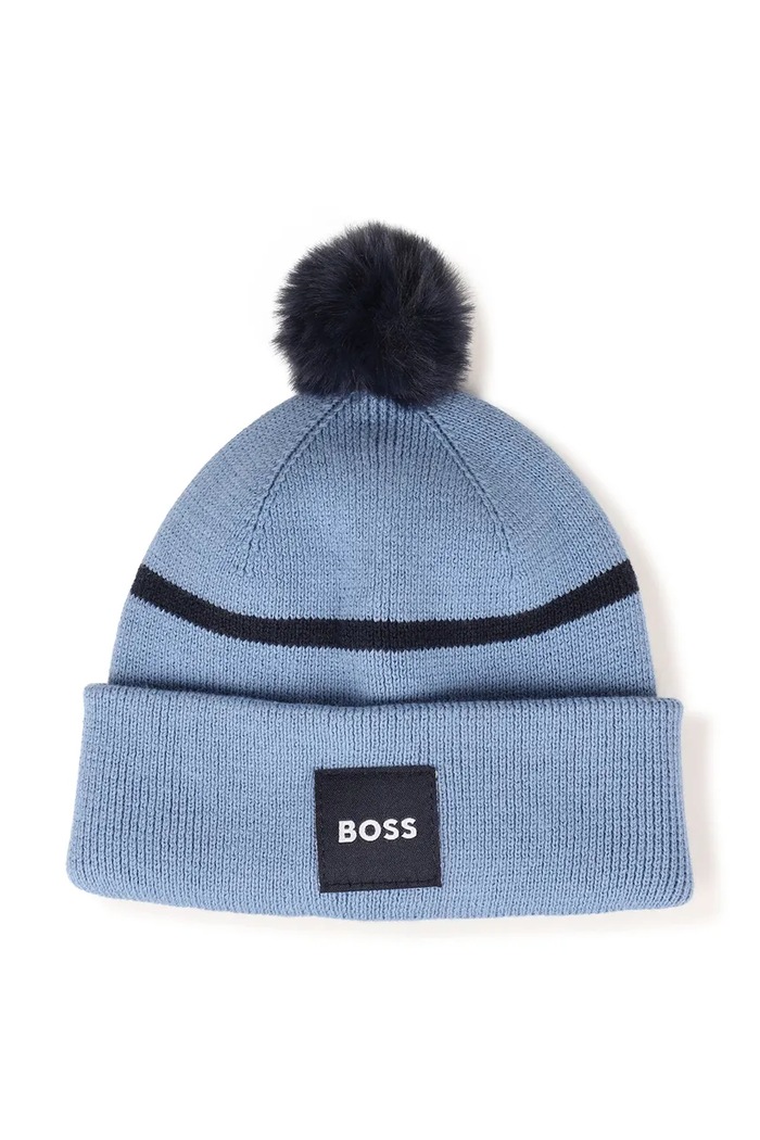 BOSS Czapka z pomponem dziecięca bawełniana niebieski J53566