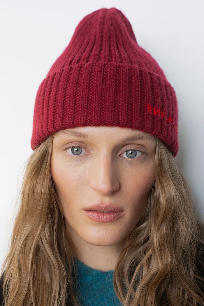 RUSLAN BAGINSKIY Czapka beanie damska z wełny merino bordowy BN067.MW.FL.CD24
