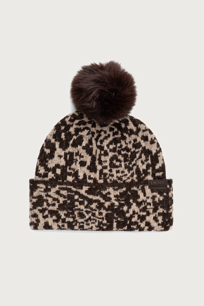 DKNY Czapka z pomponem damska z dodatkiem wełny brązowy D6KH1869