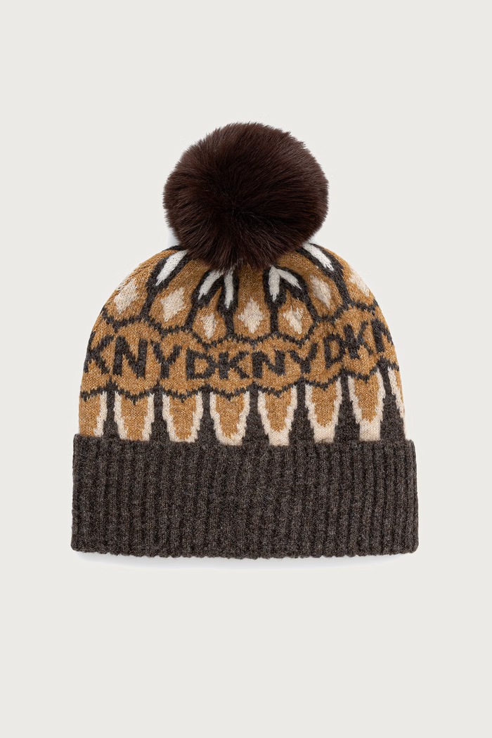 DKNY Czapka z pomponem damska z dodatkiem wełny brązowy D6KH1851