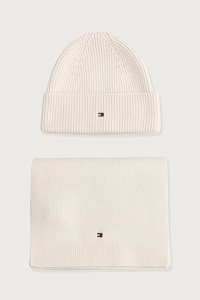 Tommy Hilfiger Kapa in šal ženska z dodatkom volne bež AW0AW19136
