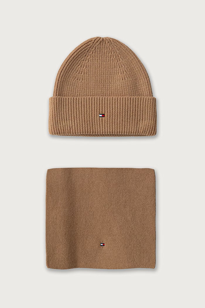 Tommy Hilfiger Σκουφάκι και κασκόλ γυναικείο από πρόσμιξη μαλλιού μπεζ AW0AW19136