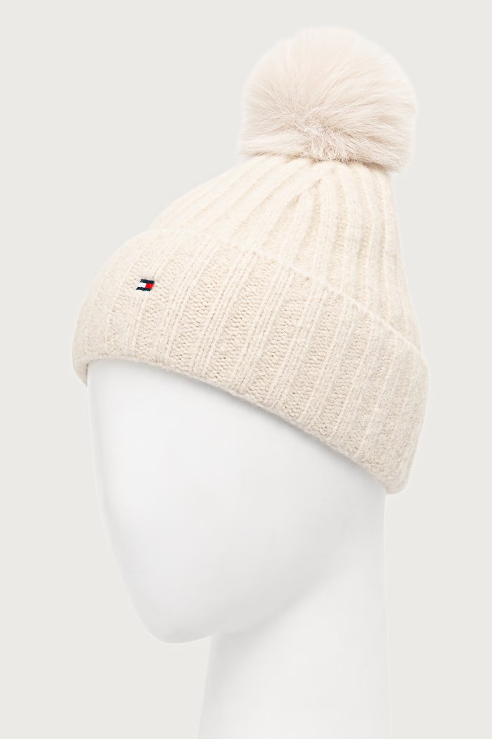 Аксесоари Tommy Hilfiger Шапка с помпон дамска с вълна AW0AW19330 бежов