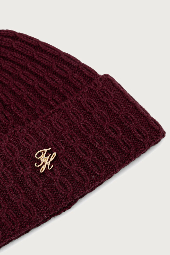 Tommy Hilfiger Kapa s pomponom za žene s dodatkom kašmira AW0AW19112 bordo AW26