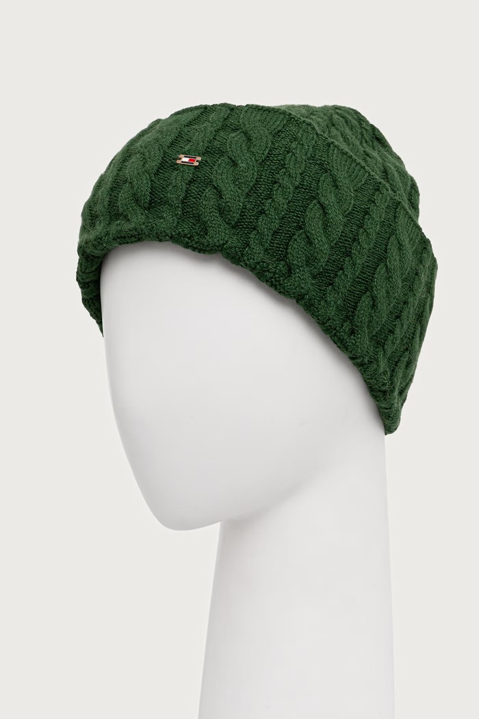 Tommy Hilfiger Beanie kapa ženska z volno AW0AW19111 zelena AW26