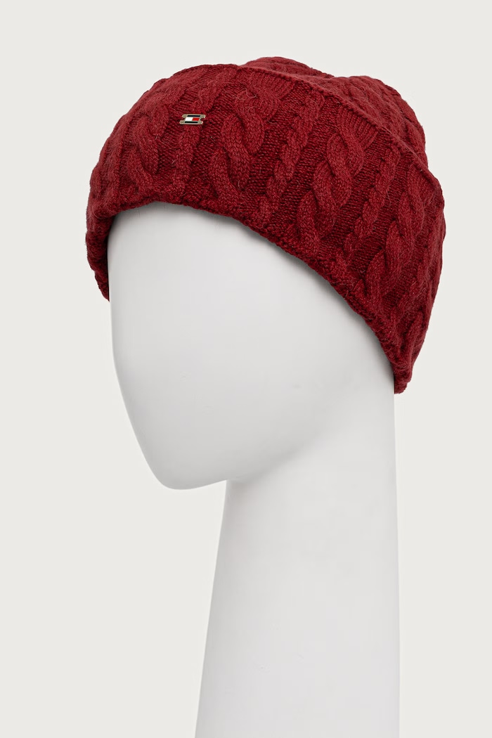 Tommy Hilfiger Beanie kapa ženska z volno AW0AW19111 bordo AW26